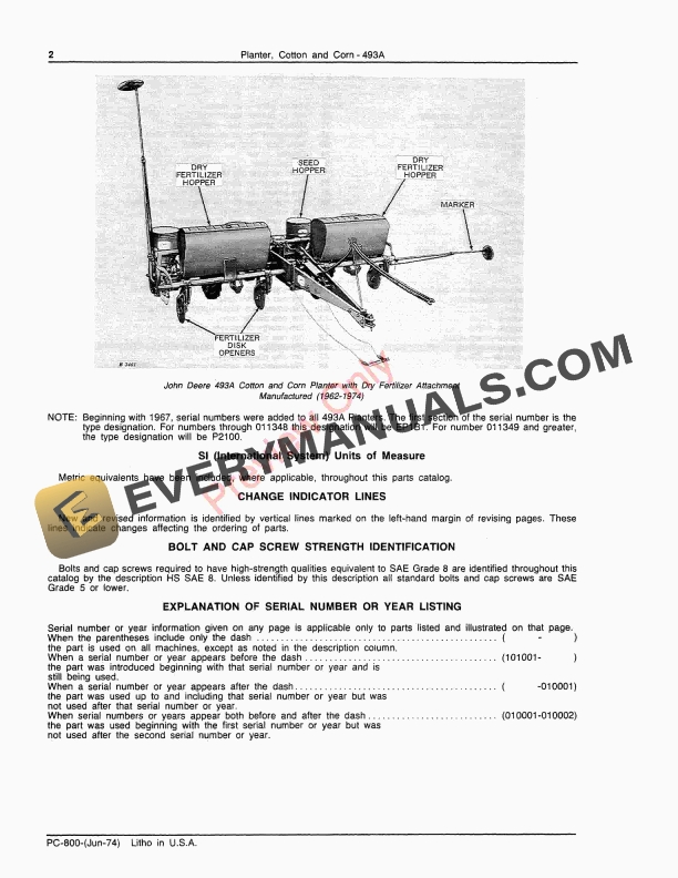 John Deere 493A Cotton and Corn Planter Parts Catalog PC800 01MAR77-4