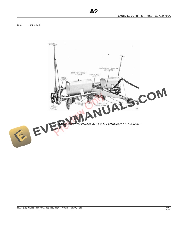 John Deere 494, 494A, 495, 495A Unit Planter Parts Catalog PC541 15JUL96-3