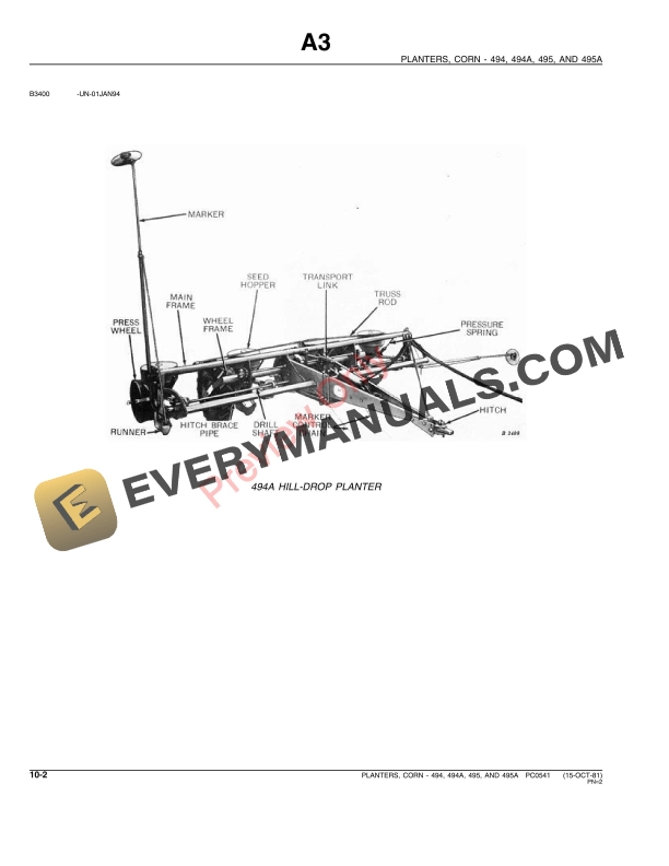 John Deere 494, 494A, 495, 495A Unit Planter Parts Catalog PC541 15JUL96-4