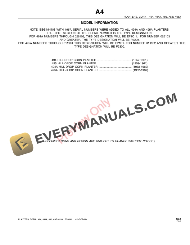 John Deere 494, 494A, 495, 495A Unit Planter Parts Catalog PC541 15JUL96-5