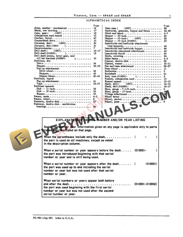 John Deere 494AN, 694AN Corn Planters Parts Catalog PC981 01SEP69 4 John Deere 494AN, 694AN Corn Planters Parts Catalog PC981 01SEP69-3