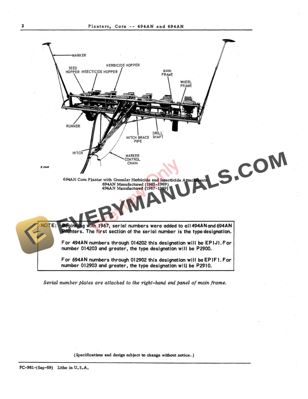 John Deere 494AN, 694AN Corn Planters Parts Catalog PC981 01SEP69 5 John Deere 494AN, 694AN Corn Planters Parts Catalog PC981 01SEP69-4