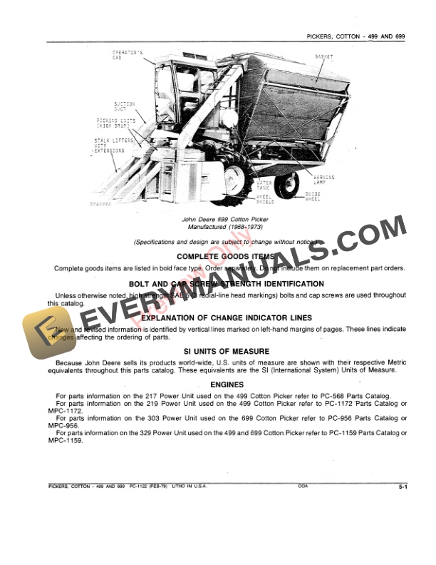 John Deere 499 699 Cotton Pickers Parts Catalog PC1122 03AUG79 3