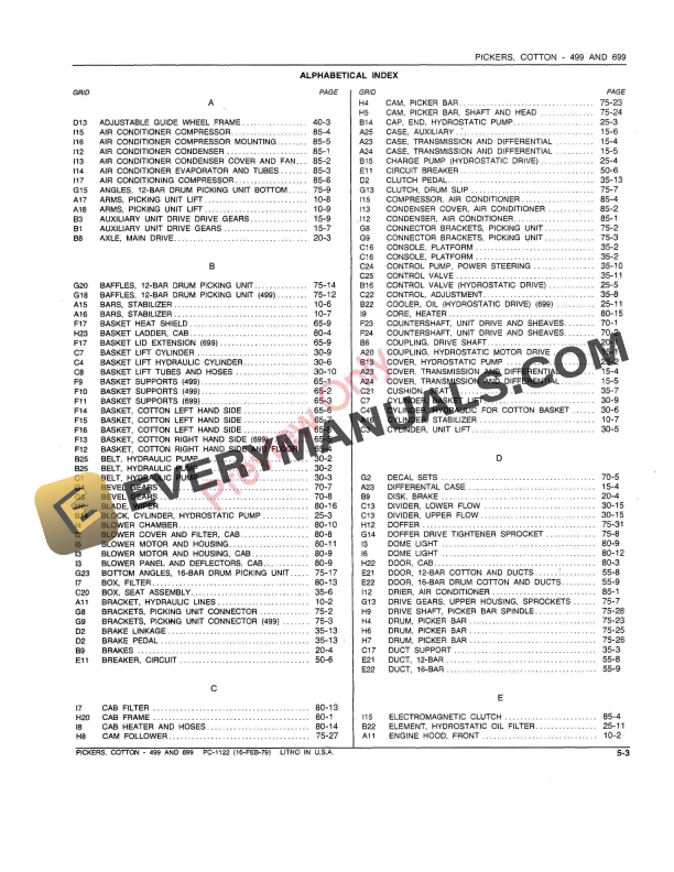 John Deere 499 699 Cotton Pickers Parts Catalog PC1122 03AUG79 5