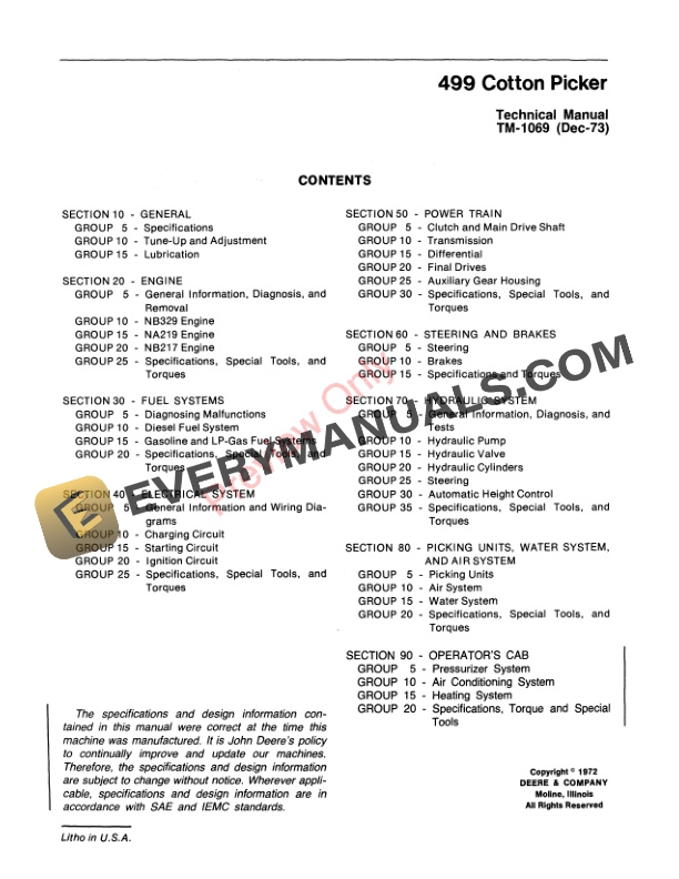 John Deere 499 Cotton Picker Technical Manual TM1069 01DEC73 3