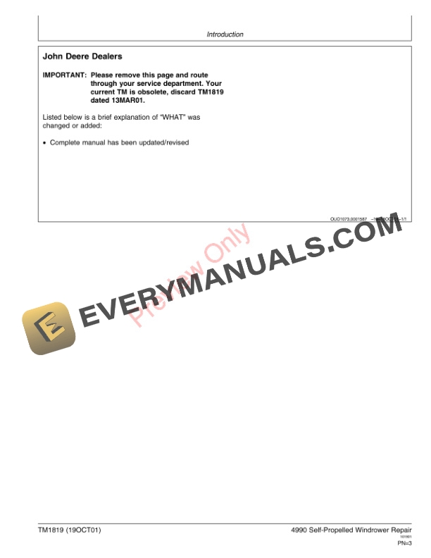 John Deere 4990 Self Propelled Windrower Technical Manual TM1819 19OCT01 3