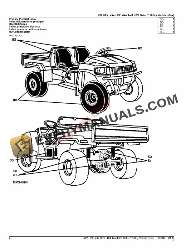John Deere 4X2 HPX, 4X4 HPX and 4X4 Trail HPX Gator Utility Vehicle (Gas) Parts Catalog PC9345 15OCT23 5 John Deere 4X2 HPX, 4X4 HPX and 4X4 Trail HPX Gator Utility Vehicle (Gas) Parts Catalog PC9345 15OCT23-4