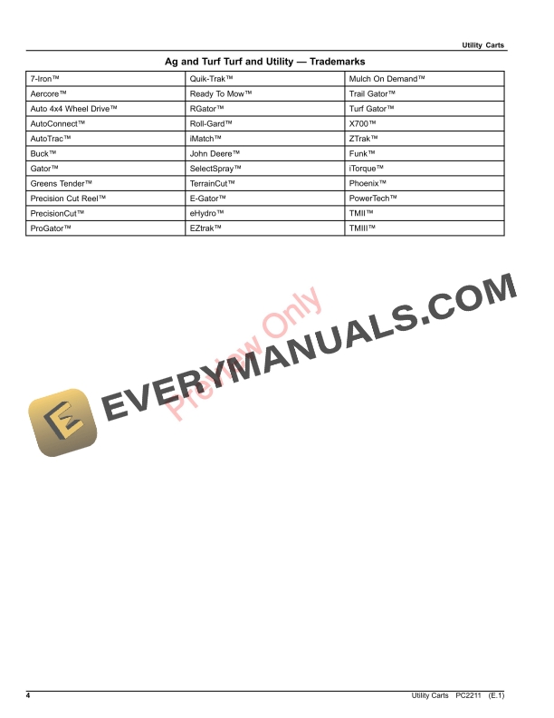 John Deere 5, 7, 10, 15, 8HD, AMT II Utility Carts and 21 Wide Utility Trailer Parts Catalog PC2211 21APR21-4