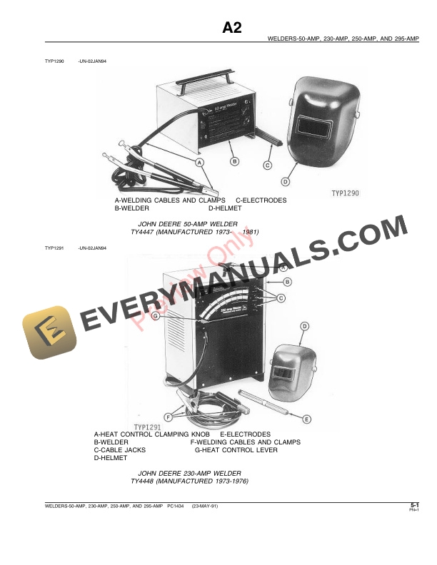 John Deere 50-, 230-, 250-, 295-AMP Welders (TY4447, TY4448, TY4449, TY5101 and TY5101) Parts Catalog PC1434 23MAY91-3