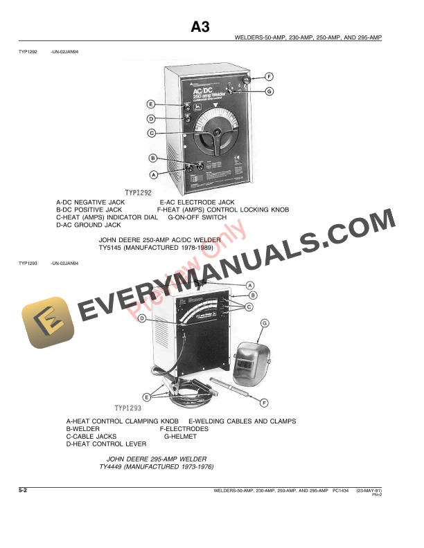John Deere 50-, 230-, 250-, 295-AMP Welders (TY4447, TY4448, TY4449, TY5101 and TY5101) Parts Catalog PC1434 23MAY91-4