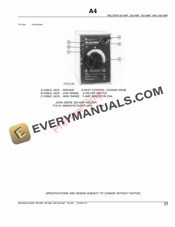 John Deere 50-, 230-, 250-, 295-AMP Welders (TY4447, TY4448, TY4449, TY5101 and TY5101) Parts Catalog PC1434 23MAY91-5