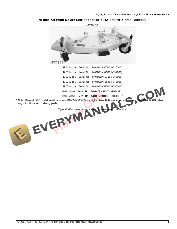 John Deere 50, 60, 72 and 76-Inch Side Discharge Front Mount Mower Decks Parts Catalog PC1996 22DEC22 4 John Deere 50, 60, 72 and 76-Inch Side Discharge Front Mount Mower Decks Parts Catalog PC1996 22DEC22-3