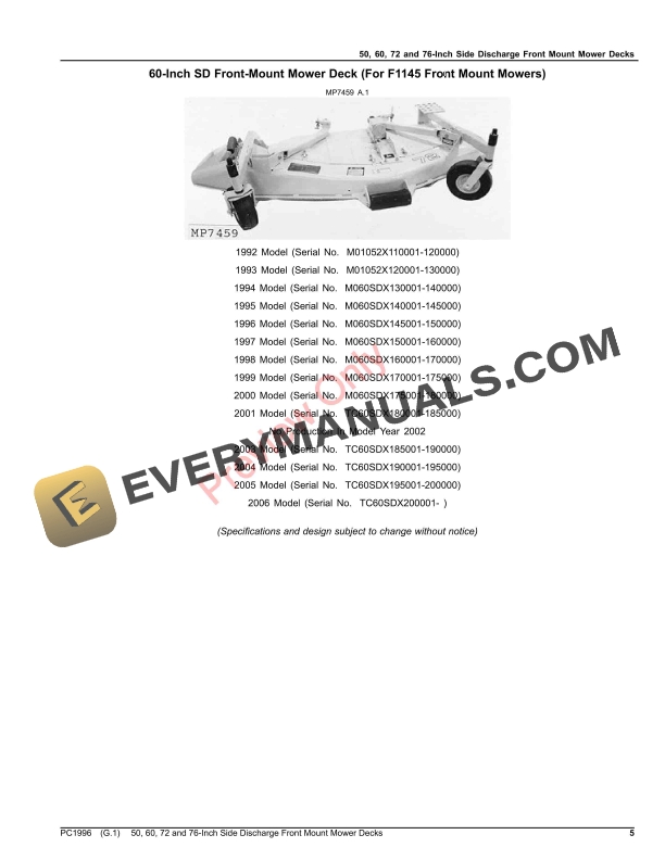 John Deere 50, 60, 72 and 76-Inch Side Discharge Front Mount Mower Decks Parts Catalog PC1996 22DEC22 6 John Deere 50, 60, 72 and 76-Inch Side Discharge Front Mount Mower Decks Parts Catalog PC1996 22DEC22-5