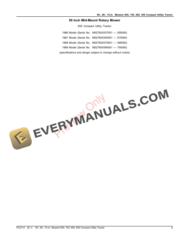 John Deere 50-INCH, 60-INCH AND 72-INCH MOWERS (655, 755, 855 AND 955 COMPACT UTILITY TRACTORS) Parts Catalog PC2114 04DEC19-3