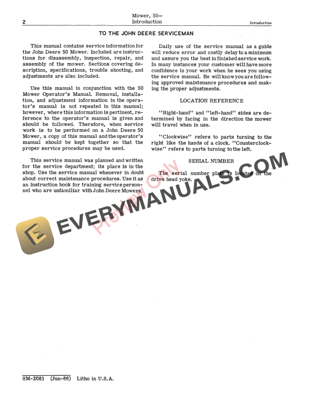 John Deere 50 Mower Service Manual SM2081 01JUN66 4