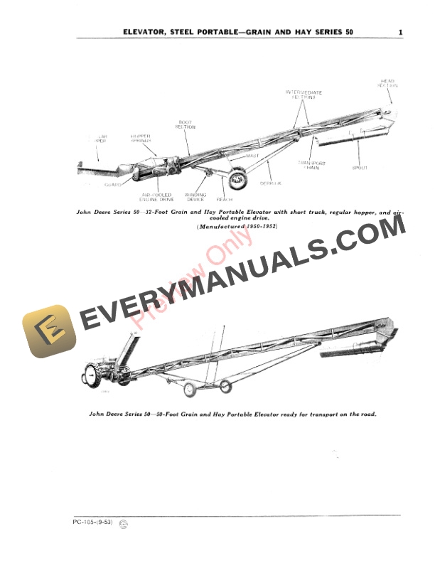 John Deere 50 Series Steel Portable Grain and Hay Elevator Parts Catalog PC105 01SEP53 3