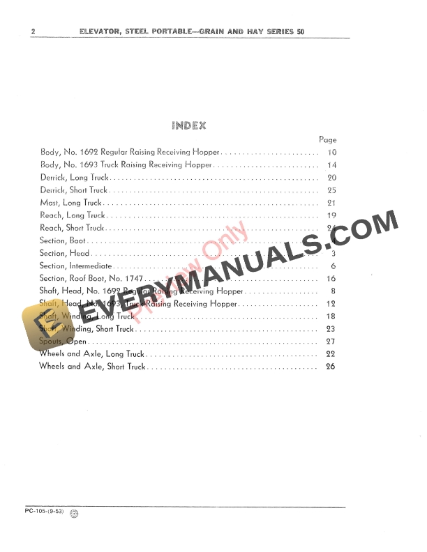 John Deere 50 Series Steel Portable Grain and Hay Elevator Parts Catalog PC105 01SEP53 4
