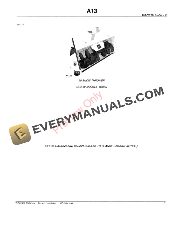 John Deere 50 Snow Throwers Parts Catalog PC1532 15JUL91-3