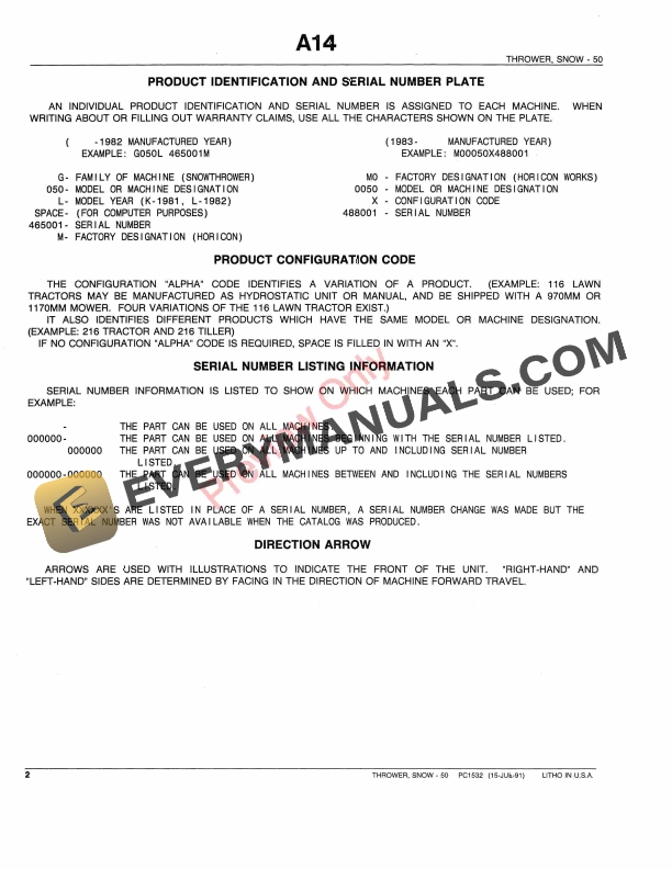 John Deere 50 Snow Throwers Parts Catalog PC1532 15JUL91-4