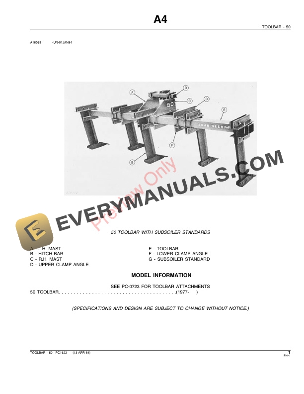 John Deere 50 Toolbar Parts Catalog PC1622 13APR84-3