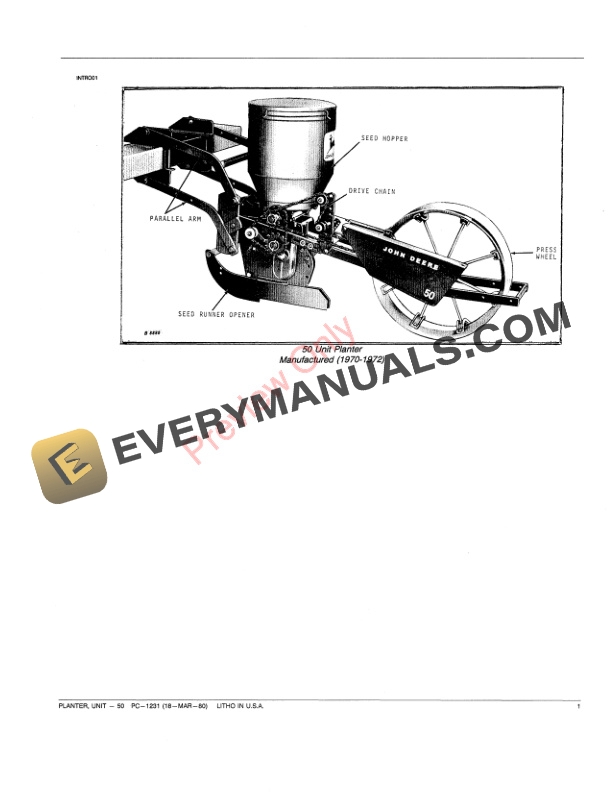 John Deere 50 Unit Planter Parts Catalog PC1231 18MAR80-3
