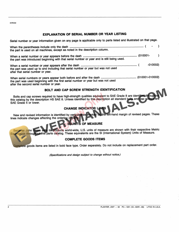 John Deere 50 Unit Planter Parts Catalog PC1231 18MAR80-4