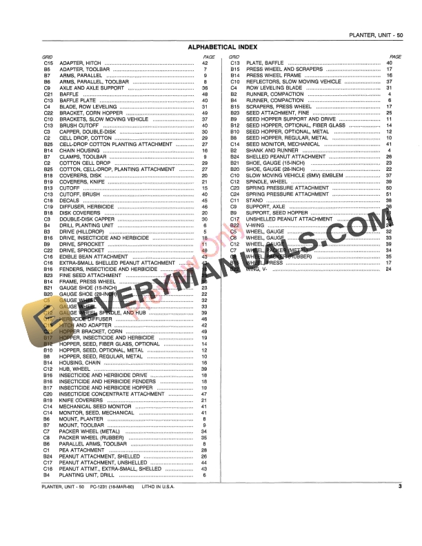 John Deere 50 Unit Planter Parts Catalog PC1231 18MAR80-5