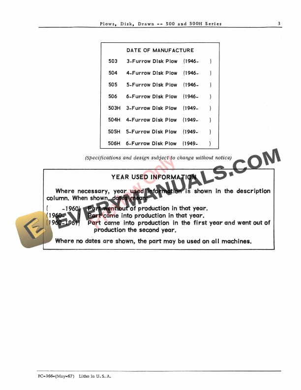 John Deere 500, 500H Series Drawn Disk Plows Parts Catalog PC366 01MAY67-5