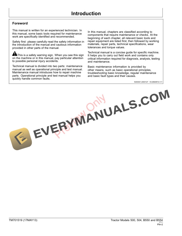 John Deere 500, 504, B550 and B554 Tractors - Technical Manual TM701519 01MAY13 4 John Deere 500 504 B550 and B554 Tractors Technical Manual TM701519 01MAY13 2