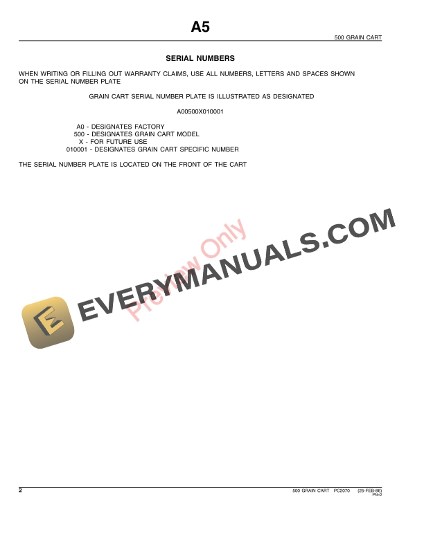 John Deere 500 Grain Cart Parts Catalog PC2070 16MAR88-4