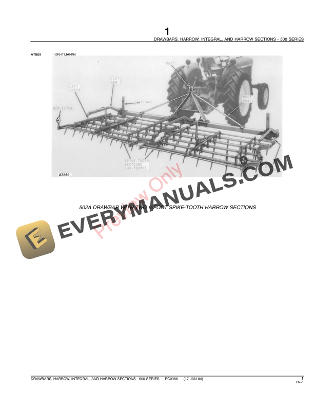 John Deere 500 Series Integral Harrow Drawbars and Harrow Sections Parts Catalog PC0986 17JAN84 3