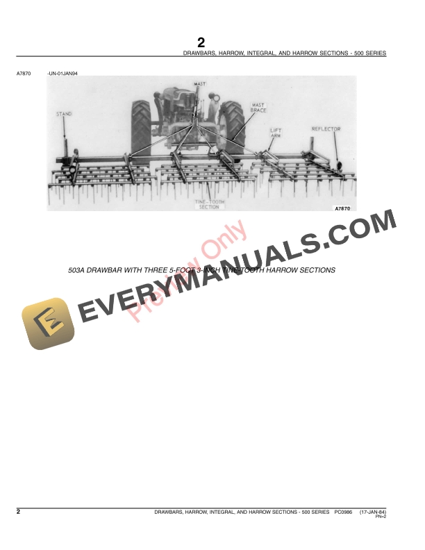John Deere 500 Series Integral Harrow Drawbars and Harrow Sections Parts Catalog PC0986 17JAN84 4