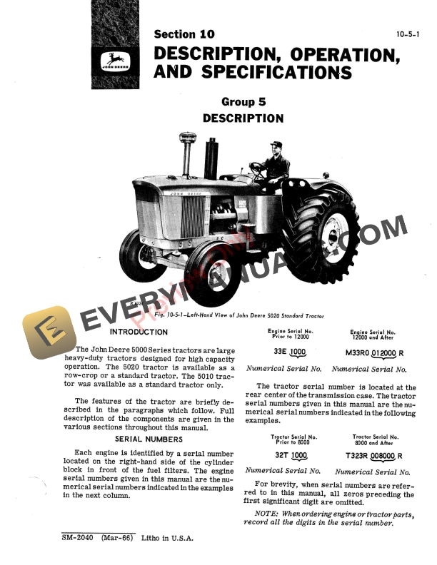 John Deere 5000 Series Tractors Service Manual SM2040 01MAR66 12 John Deere 5000 Series Tractors Service Manual SM2040 01MAR66 5