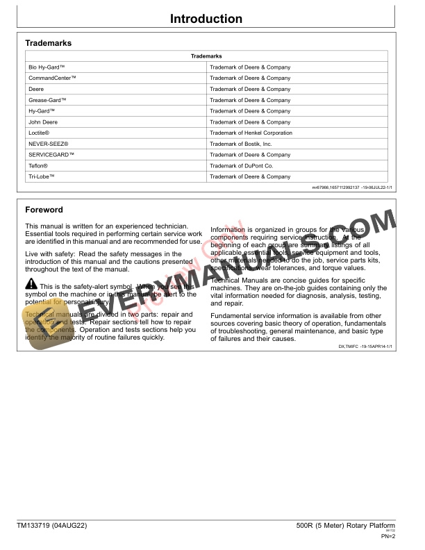 John Deere 500R (5 Meter) Rotary Platform Repair Technical Manual TM133719 04AUG22 10 John Deere 500R 5 Meter Rotary Platform Technical Manual TM133719 04AUG22 2