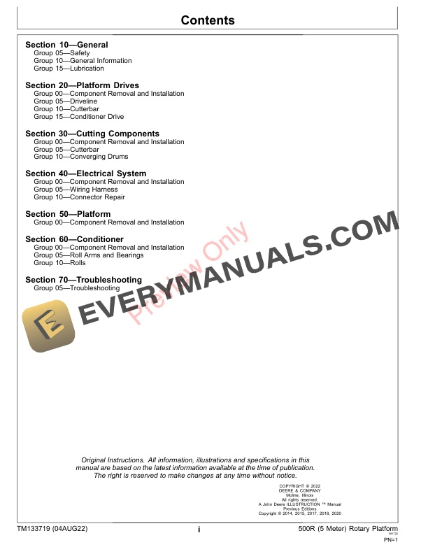 John Deere 500R (5 Meter) Rotary Platform Repair Technical Manual TM133719 04AUG22 11 John Deere 500R 5 Meter Rotary Platform Technical Manual TM133719 04AUG22 3