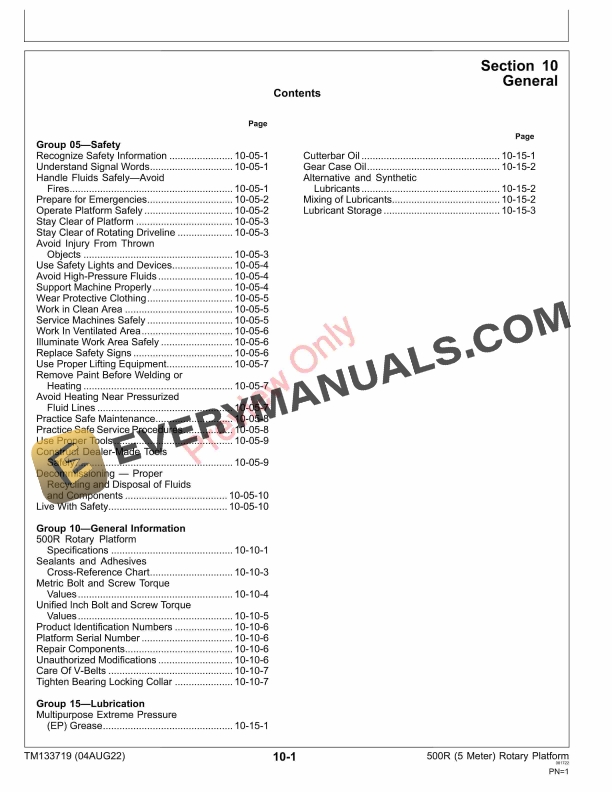 John Deere 500R (5 Meter) Rotary Platform Repair Technical Manual TM133719 04AUG22 13 John Deere 500R 5 Meter Rotary Platform Technical Manual TM133719 04AUG22 5