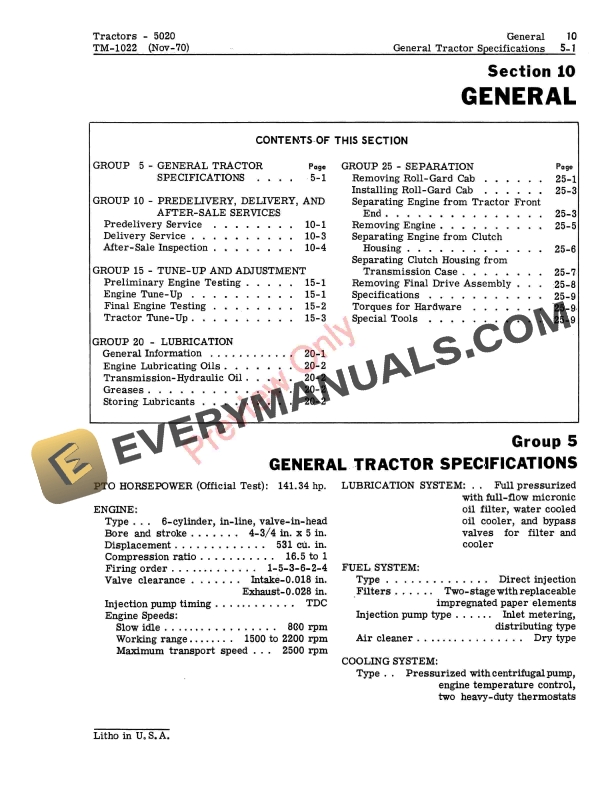 John Deere 5020 Row Crop Tractor Technical Manual TM1022 01JAN73 5