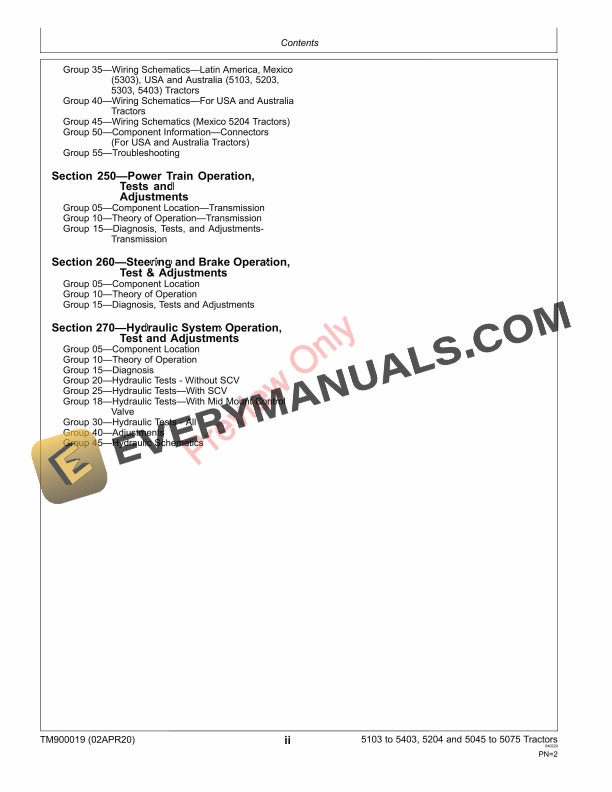 John Deere 5045D 5045E 5055D 5055E 5065E 5075E 5103 5203 5204 5303 5403 5503 Tractors Component Technical Manuals TM900019 02APR20 4