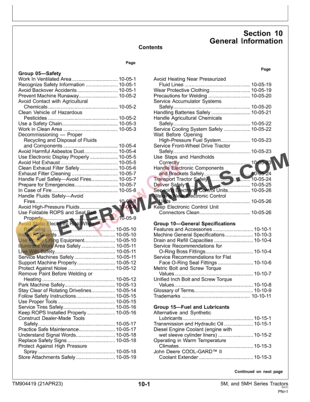 John Deere 5075M 5095M 5105M 5105MH and 5120M FT4 Tractors Repair Technical Manual TM904419 21APR23 5