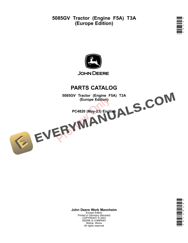 John Deere 5085GV Tractor (Engine F5A) T3A Parts Catalog PC4820 03MAY23-1