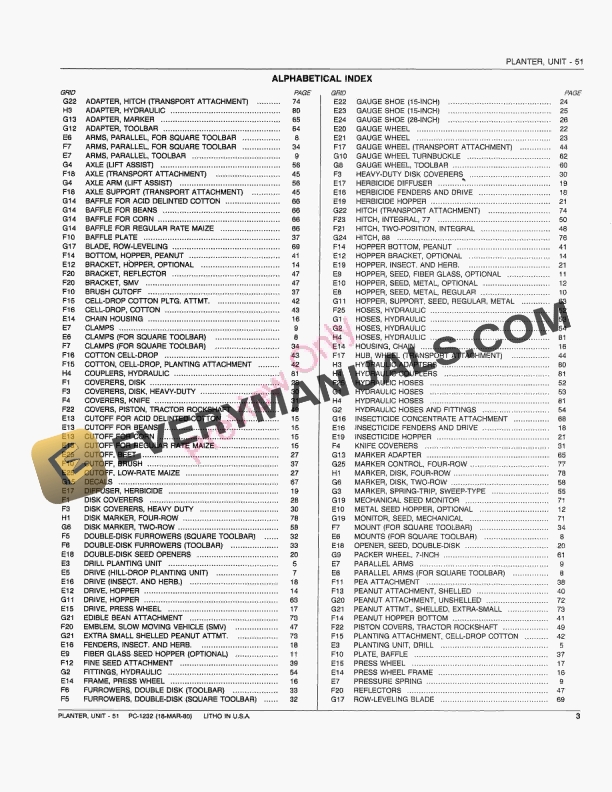 John Deere 51 Unit Planter Parts Catalog PC1232 18MAR80-5