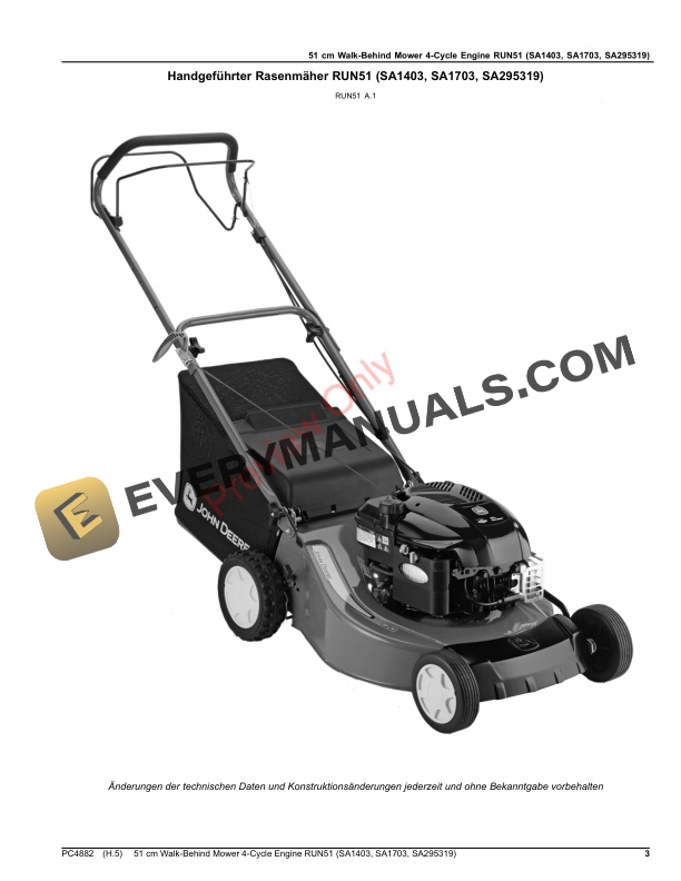 John Deere 51 cm Walk-Behind Mower 4-Cycle Engine RUN51 (SA1403, SA1703, SA295319) Parts Catalog PC4882 12AUG19-3