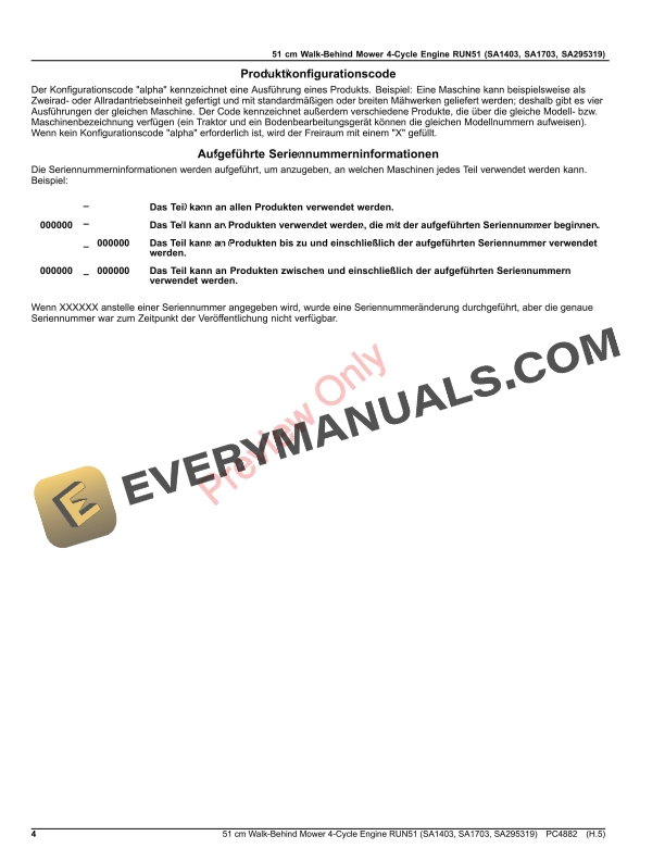 John Deere 51 cm Walk-Behind Mower 4-Cycle Engine RUN51 (SA1403, SA1703, SA295319) Parts Catalog PC4882 12AUG19-4