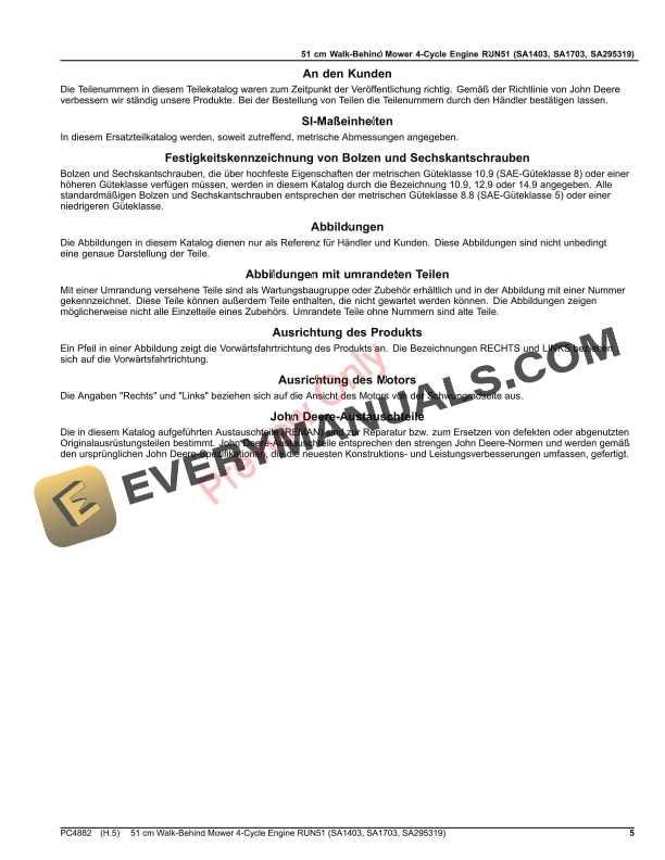 John Deere 51 cm Walk-Behind Mower 4-Cycle Engine RUN51 (SA1403, SA1703, SA295319) Parts Catalog PC4882 12AUG19-5