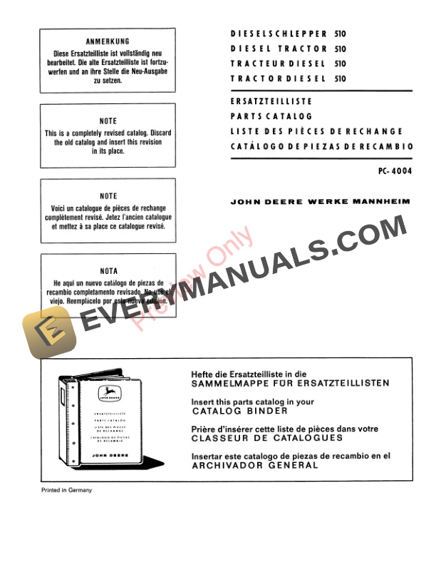 John Deere 510 Tractor Parts Catalog PC4004 01NOV68 English, French, German, Spanish-3