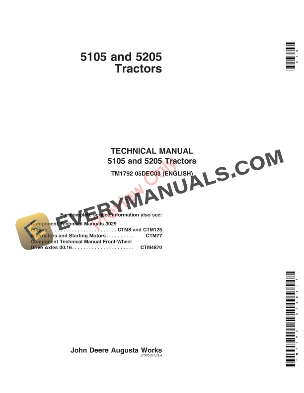 John Deere 5105 and 5205 Tractors Technical Manual TM1792 05DEC03-1