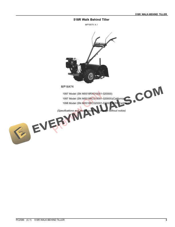 John Deere 518R WALK-BEHIND TILLER Parts Catalog PC2589 09DEC22-3