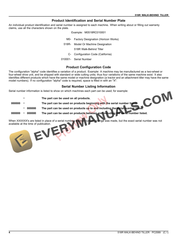 John Deere 518R WALK-BEHIND TILLER Parts Catalog PC2589 09DEC22-4