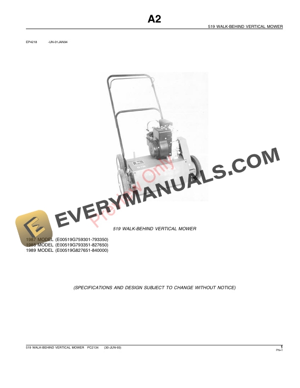 John Deere 519 Walk-Behind Vertical Mower Parts Catalog PC2134 30JUN93 4 John Deere 519 Walk-Behind Vertical Mower Parts Catalog PC2134 30JUN93-3