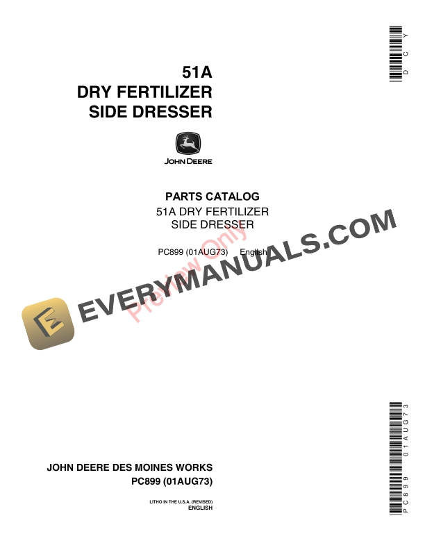 John Deere 51A Dry Fertilizer Side Dresser Parts Catalog PC899 01AUG73-1